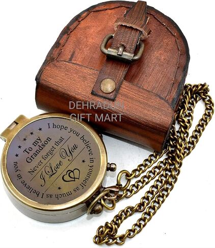 to My Grandson Vintage Style Brass Antique Compass with Leather Case | Lightweight Pocket Compass Gift for Every Occasion Birthday Gift for Grandson Graduation Gift Grandpa to Grandson Gift in Saudi Arabia