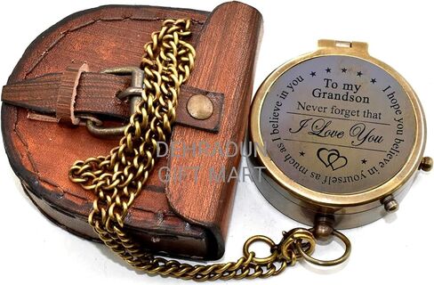 to My Grandson Vintage Style Brass Antique Compass with Leather Case | Lightweight Pocket Compass Gift for Every Occasion Birthday Gift for Grandson Graduation Gift Grandpa to Grandson Gift in Saudi Arabia