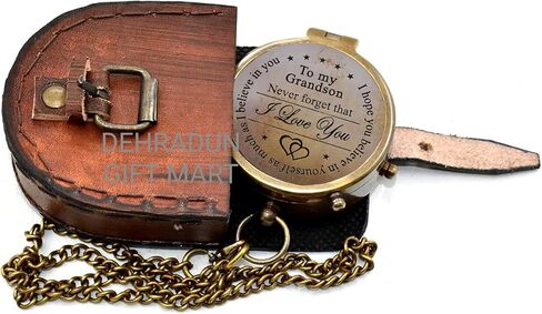 to My Grandson Vintage Style Brass Antique Compass with Leather Case | Lightweight Pocket Compass Gift for Every Occasion Birthday Gift for Grandson Graduation Gift Grandpa to Grandson Gift in Saudi Arabia