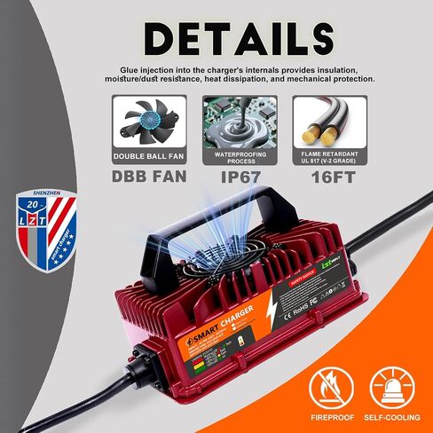 48V 15Amp Golf Cart Battery Charger for EZGO RXV & TXT with Upgraded 3-Pin Triangular Plug &16Ft Cable, IP67 Waterproof Smart Trickle Charger Delta-Q Plug for 48 Volt Lead-Acid Batteries in Saudi Arabia