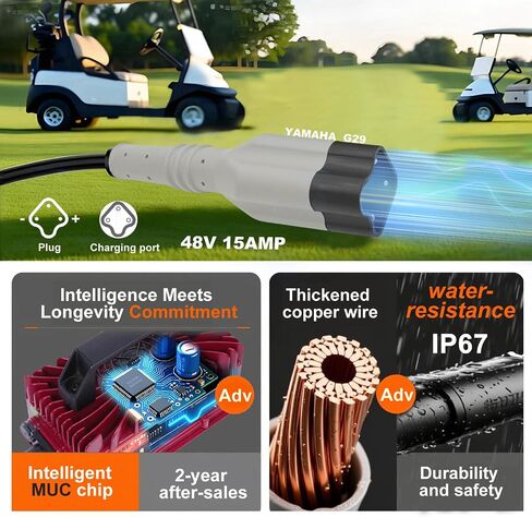 48V 15Amp Golf Cart Battery Charger for EZGO RXV & TXT with Upgraded 3-Pin Triangular Plug &16Ft Cable, IP67 Waterproof Smart Trickle Charger Delta-Q Plug for 48 Volt Lead-Acid Batteries in Saudi Arabia