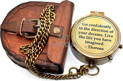 Go Confidently Thoreau Quote, Inspirational Nautical Brass Compass with Leather Case Chain Compass, Antique Brown Style Gifts 'Go Confidently in The Direction of Your Dreams in Saudi Arabia