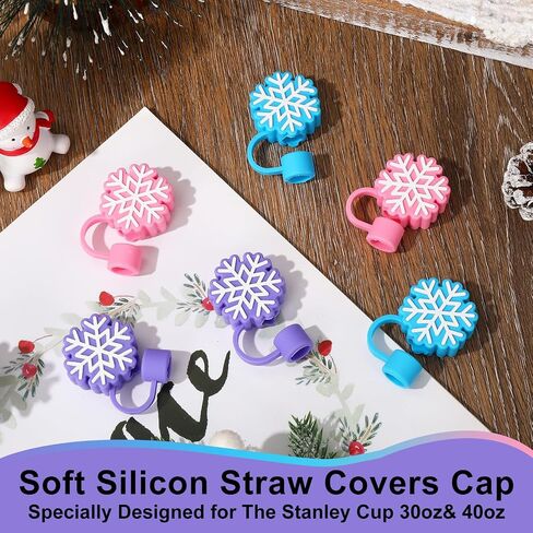 Whaline 6 Pcs Winter Straw Cover Cap Purple Pink Blue Snowflake Silicone Straw Topper Reusable 10 mm 0.4 In Straws Lid Protector for Christmas 30/40 oz Tumbler Cup Accessories in Saudi Arabia