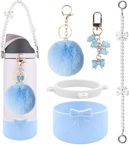 Water Bottle Accessories Set for Owala Accessories – Includes 2.9in .3inch Silicone Bling Boot,Pearl Handle Strap, Plush Ball,Bow Charms for Owala FreeSip 24oz、32 oz in Saudi Arabia