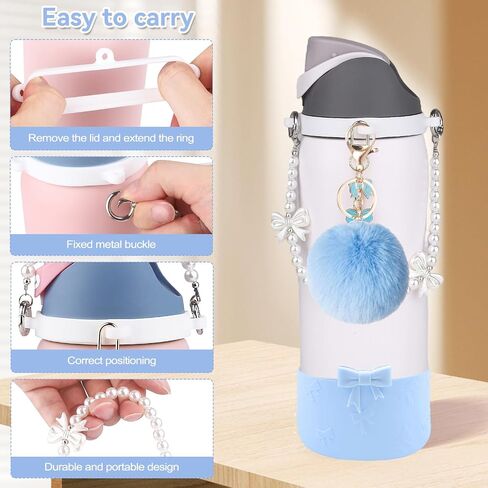 Water Bottle Accessories Set for Owala Accessories – Includes 2.9in .3inch Silicone Bling Boot,Pearl Handle Strap, Plush Ball,Bow Charms for Owala FreeSip 24oz、32 oz in Saudi Arabia