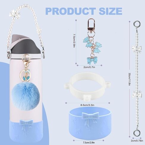 Water Bottle Accessories Set for Owala Accessories – Includes 2.9in .3inch Silicone Bling Boot,Pearl Handle Strap, Plush Ball,Bow Charms for Owala FreeSip 24oz、32 oz in Saudi Arabia