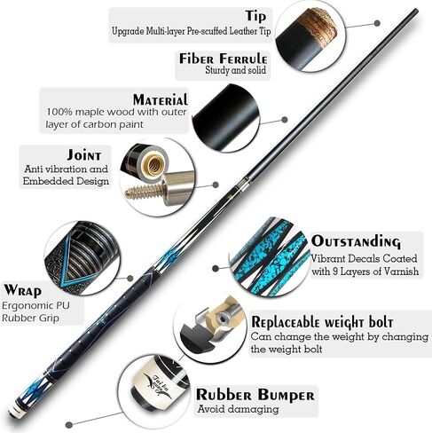 Tai ba cues 2-Piece Pool Stick with 1x1 Case, PU Rubber Grip, 13mm Multilayer Leather Tip, 58", Hardwood Canadian Maple Professional Billiard Pool Cue Stick 19-21 Oz in Saudi Arabia