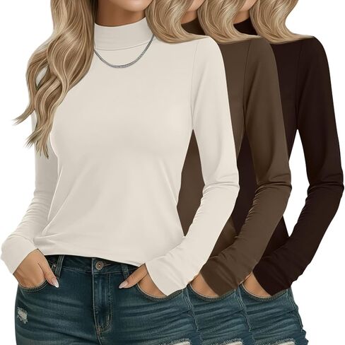 3 Pack Cotton Women's Mock Turtleneck Shirts Long Sleeve Mock Neck Tops Casual Pullover Basic Tees Undershirt in Saudi Arabia