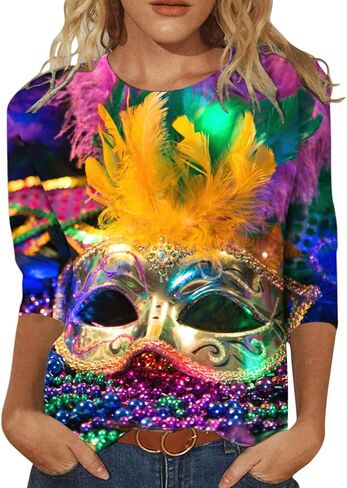 قمصان Mardi Gras للنساء، ملابس Rave ملابس Mardi Gras للنساء قناع جرافيك 3/4 كم 2026 قميص كرنفال in Kuwait
