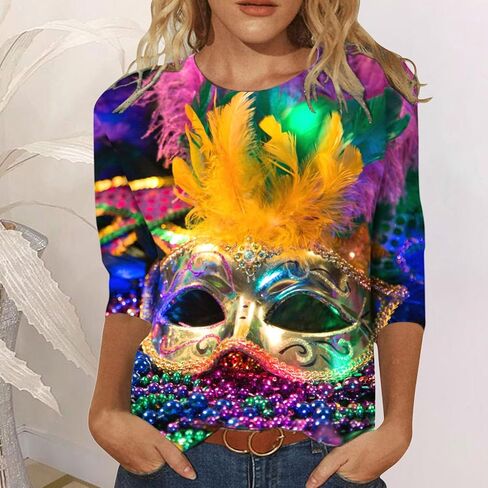 قمصان Mardi Gras للنساء، ملابس Rave ملابس Mardi Gras للنساء قناع جرافيك 3/4 كم 2026 قميص كرنفال in Kuwait