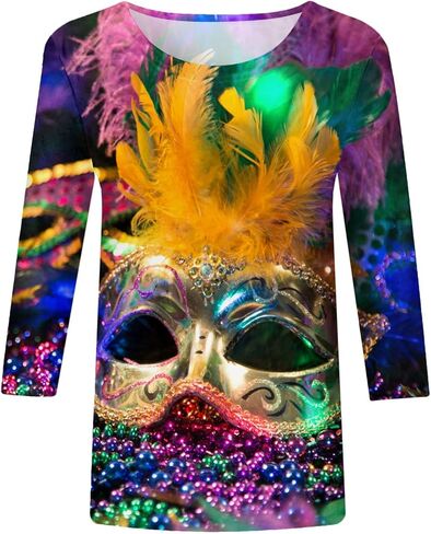 قمصان Mardi Gras للنساء، ملابس Rave ملابس Mardi Gras للنساء قناع جرافيك 3/4 كم 2026 قميص كرنفال in Kuwait