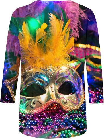 قمصان Mardi Gras للنساء، ملابس Rave ملابس Mardi Gras للنساء قناع جرافيك 3/4 كم 2026 قميص كرنفال in Kuwait