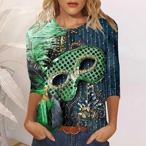 قمصان Mardi Gras للنساء، ملابس Rave ملابس Mardi Gras للنساء قناع جرافيك 3/4 كم 2026 قميص كرنفال in Kuwait