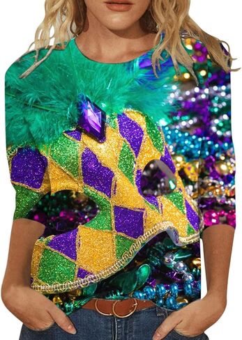 قمصان Mardi Gras للنساء، ملابس Rave ملابس Mardi Gras للنساء قناع جرافيك 3/4 كم 2026 قميص كرنفال in Kuwait