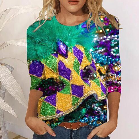قمصان Mardi Gras للنساء، ملابس Rave ملابس Mardi Gras للنساء قناع جرافيك 3/4 كم 2026 قميص كرنفال in Kuwait