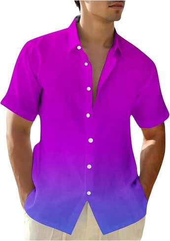 Muscularfit Mens Hawaiian Button Down Shirt Summer Fashion Short Sleeve Gradient Color Causal Shirts Loose Fit Holiday Shirts in Kuwait