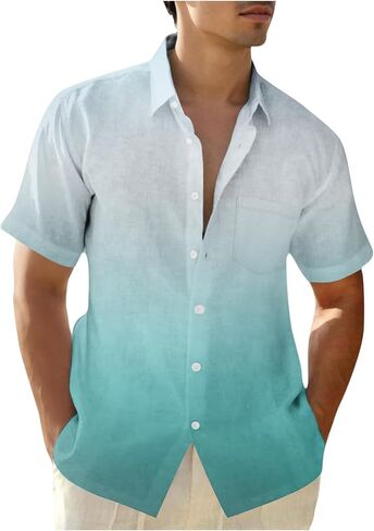 Muscularfit Mens Hawaiian Button Down Shirt Summer Fashion Short Sleeve Gradient Color Causal Shirts Loose Fit Holiday Shirts in Kuwait