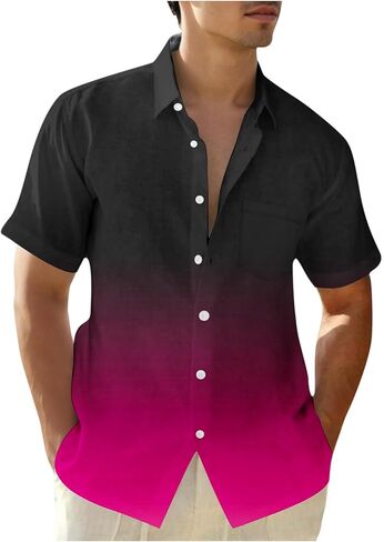 Muscularfit Mens Hawaiian Button Down Shirt Summer Fashion Short Sleeve Gradient Color Causal Shirts Loose Fit Holiday Shirts in Kuwait