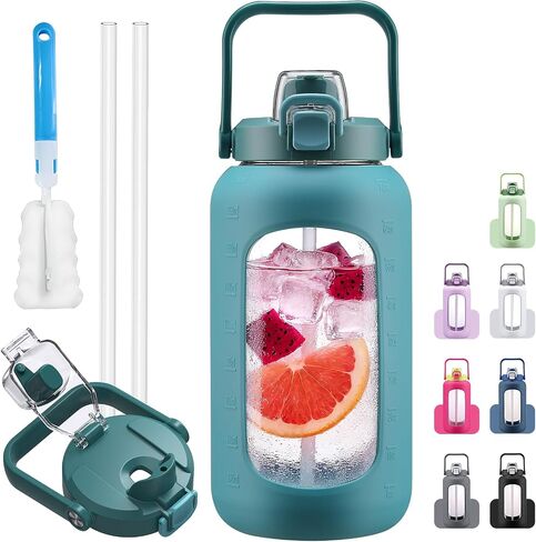 72oz Glass Water Bolttles with Straw, 2-in-1 Spout and Handle Lid, Half Gallon Water Bottle with Time Marker and Silicone Sleeve, BPA-Free Sports Water Bottle for Gym, School, Peacock Blue in Saudi Arabia