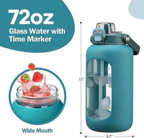 72oz Glass Water Bolttles with Straw, 2-in-1 Spout and Handle Lid, Half Gallon Water Bottle with Time Marker and Silicone Sleeve, BPA-Free Sports Water Bottle for Gym, School, Peacock Blue in Saudi Arabia