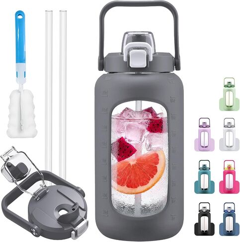 72oz Glass Water Bolttles with Straw, 2-in-1 Spout and Handle Lid, Half Gallon Water Bottle with Time Marker and Silicone Sleeve, BPA-Free Sports Water Bottle for Gym, School, Peacock Blue in Saudi Arabia