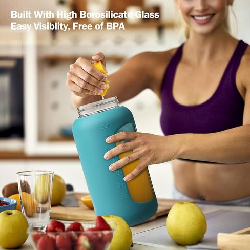 72oz Glass Water Bolttles with Straw, 2-in-1 Spout and Handle Lid, Half Gallon Water Bottle with Time Marker and Silicone Sleeve, BPA-Free Sports Water Bottle for Gym, School, Peacock Blue in Saudi Arabia