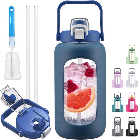 72oz Glass Water Bolttles with Straw, 2-in-1 Spout and Handle Lid, Half Gallon Water Bottle with Time Marker and Silicone Sleeve, BPA-Free Sports Water Bottle for Gym, School, Peacock Blue in Saudi Arabia
