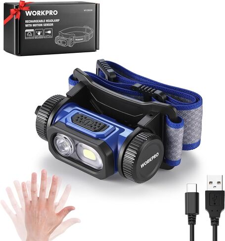مصباح أمامي للعمل قابل لإعادة الشحن من WORKPRO، مصباح رأس LED 700LM مع مستشعر حركة، زاوية قابلة للتعديل 180 درجة ووقت تشغيل طويل، وظيفة الذاكرة للميكانيكي والإصلاح والبناء والتخييم in Kuwait
