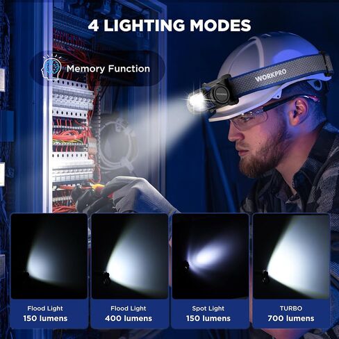 مصباح أمامي للعمل قابل لإعادة الشحن من WORKPRO، مصباح رأس LED 700LM مع مستشعر حركة، زاوية قابلة للتعديل 180 درجة ووقت تشغيل طويل، وظيفة الذاكرة للميكانيكي والإصلاح والبناء والتخييم in Kuwait