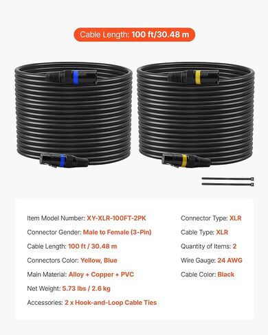 كابل VEVOR XLR بطول 100 قدم، عبوتان، كابلات ميكروفون DMX متوازنة محمية من ذكر إلى أنثى، أسلاك سلك مكبر صوت XLR مطلية بالذهب، لإضاءة المسرح، والميكروفونات، ومكبر الصوت، والخلاط، وأنظمة السماعات in Saudi Arabia
