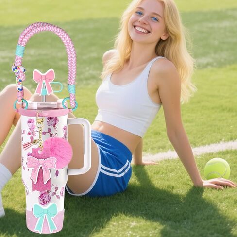 مجموعة إكسسوارات فيونكة جرلي مكونة من 8 قطع لكأس ستانلي 20oz30oz40oz، بما في ذلك الجزء العلوي من القش، وسحر سلسلة المفاتيح، وحزام المقبض، وحذاء السيليكون، وغطاء غطاء الكوب المقوس المتوافق مع أكواب ستانلي (أحمر وردي) in Kuwait