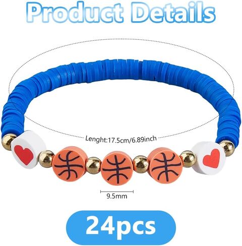 DICOSMETIC 24Pcs Sports Charm Bracelets Basketball Beaded Bracelets Clay Beaded Bracelet Sports Team Party Gifts for Sport Basketball Team Lovers Players Gifts, 6-7/8 Inch(17.5cm) in Saudi Arabia