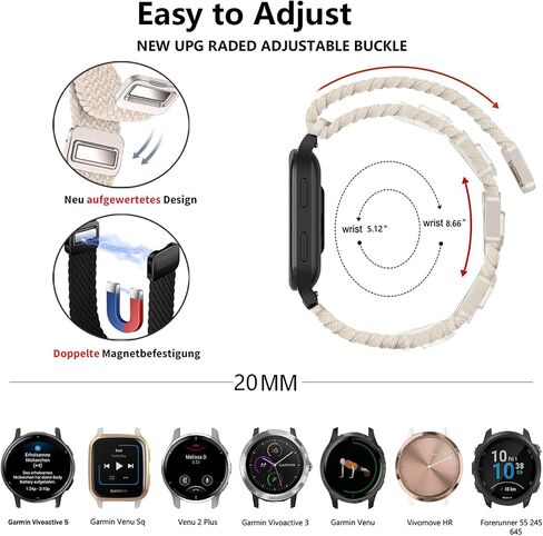 شريط مضفر من النايلون لـ Garmin Venu Sq/Sq Music/Sq 2/Sq 2 Music، حزام مطاطي 20 مم لـ Garmin Venu 2 Plus/Vivoactive 3/5/6/Vivomove HR/Forerunner 55 245 645 in Kuwait
