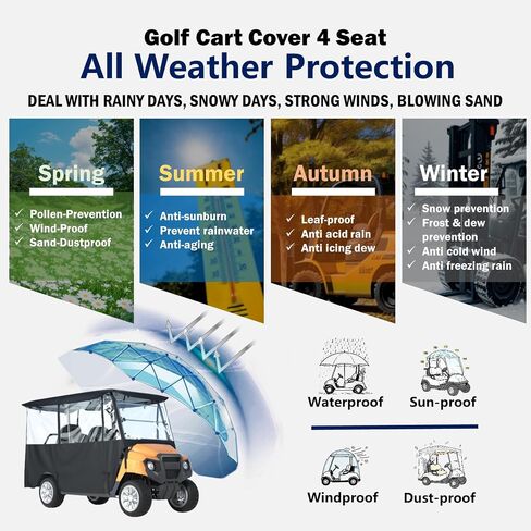BENVOL Golf Cart Enclosure 4 Passenger for Club Car Tempo Onward Extended Roof Waterproof Transparent Driving Rain Cover Fit 4-Seater with 4-Sided Clear Windows Mirror Zipper Roll-up Door Black in Saudi Arabia