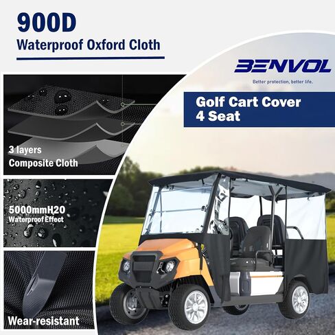 BENVOL Golf Cart Enclosure 4 Passenger for Club Car Tempo Onward Extended Roof Waterproof Transparent Driving Rain Cover Fit 4-Seater with 4-Sided Clear Windows Mirror Zipper Roll-up Door Black in Saudi Arabia