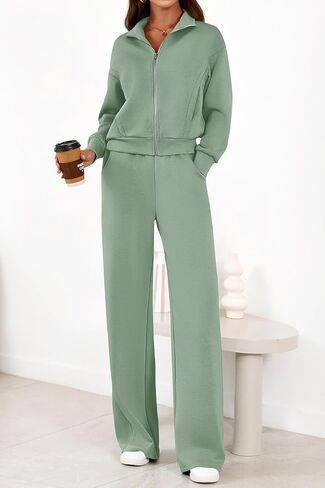 PRETTYGARDEN Women's 2 Piece Outfits Fall Sweatsuits Zip Up Sweatshirt Wide Leg Sweatpants Casual Tracksuit Lounge Sets in Saudi Arabia