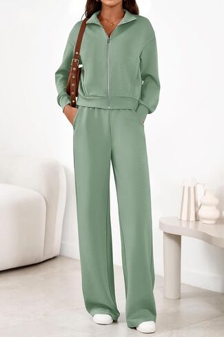PRETTYGARDEN Women's 2 Piece Outfits Fall Sweatsuits Zip Up Sweatshirt Wide Leg Sweatpants Casual Tracksuit Lounge Sets in Saudi Arabia