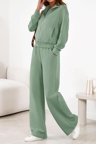 PRETTYGARDEN Women's 2 Piece Outfits Fall Sweatsuits Zip Up Sweatshirt Wide Leg Sweatpants Casual Tracksuit Lounge Sets in Saudi Arabia