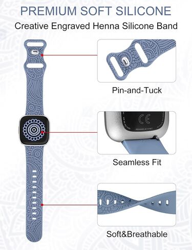 Floral Pattern Engraved Bands Compatible with Fitbit Versa 2/Versa Straps Women Men, Cute Soft Breathable Sport Silicone Band with Fancy Boho Henna Pattern in Saudi Arabia