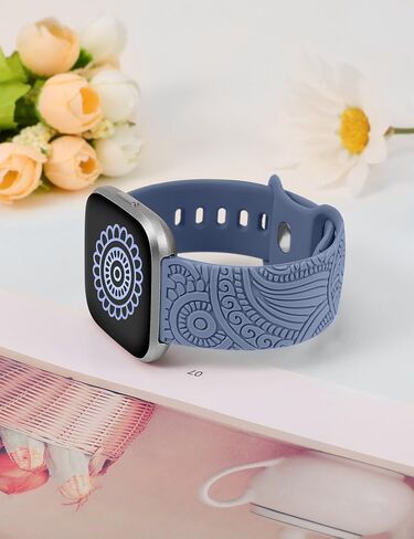 Floral Pattern Engraved Bands Compatible with Fitbit Versa 2/Versa Straps Women Men, Cute Soft Breathable Sport Silicone Band with Fancy Boho Henna Pattern in Saudi Arabia
