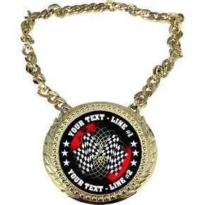 Express Medals Custom Auto Racing Flags Champ Chain Trophy with 2 Lines of Personalized Text on a Large Rigid Plastic Award Medal and 34 Inch Long Gold Color Neck Chain. FCL436 in Saudi Arabia