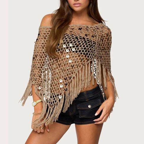 Women Sheer Poncho Tops Crochet Knit Tassels Sequin Shrug Bolero Hollow Out Cover Ups Pullover Shawl in Kuwait