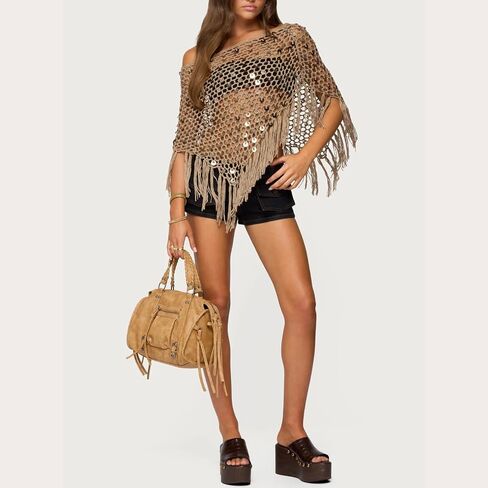 Women Sheer Poncho Tops Crochet Knit Tassels Sequin Shrug Bolero Hollow Out Cover Ups Pullover Shawl in Kuwait