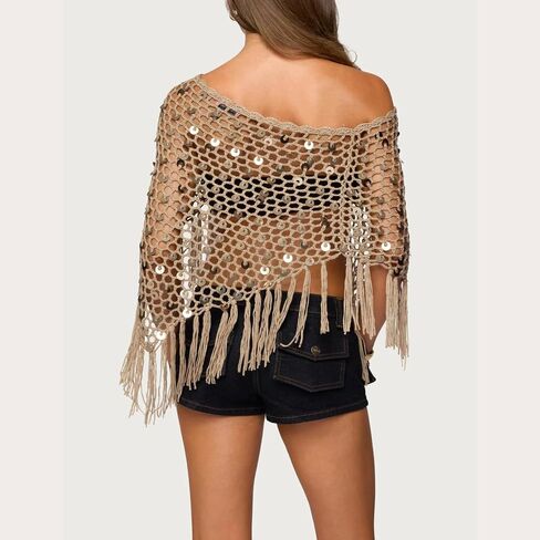 Women Sheer Poncho Tops Crochet Knit Tassels Sequin Shrug Bolero Hollow Out Cover Ups Pullover Shawl in Kuwait