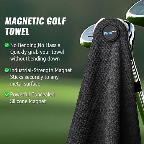 Magnetic Golf Towel, 18" x 18" Waffle Weave Golf Towel with Detachable Clip, Easy to Clean Quick Dry, Magnetic Towel for Golf Bag Cart (Black) in Saudi Arabia