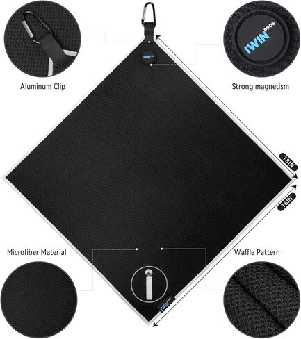 Magnetic Golf Towel, 18" x 18" Waffle Weave Golf Towel with Detachable Clip, Easy to Clean Quick Dry, Magnetic Towel for Golf Bag Cart (Black) in Saudi Arabia