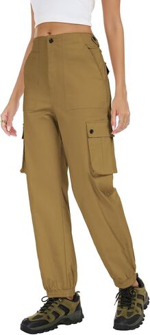 Women's Cotton Cargo Pants High Waist Adjustable Outdoor Hiking Pants with Pockets Stretch Travel Work Casual Pants in Saudi Arabia