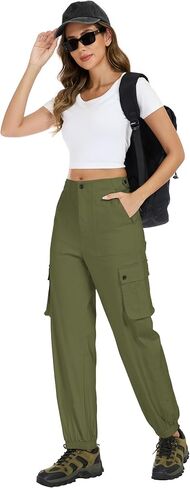 Women's Cotton Cargo Pants High Waist Adjustable Outdoor Hiking Pants with Pockets Stretch Travel Work Casual Pants in Saudi Arabia