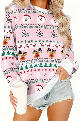 Ugly Christmas Sweatshirts for Women：Casual Fleece Christmas Graphic Sweater Funny Holiday Long Sleeve Pullover Top in Saudi Arabia