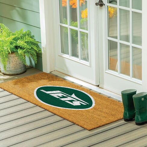 ممسحة أرجل فريق سبورتس أمريكا NFL New York Jets Coir، شعار الفريق الرسمي بالألوان الكاملة، سجادة باب أمامية كبيرة جدًا، سجادة مدخل داخلية خارجية، سجادة ترحيب غير قابلة للانزلاق للأبواب المزدوجة فناء الشرفة in Saudi Arabia